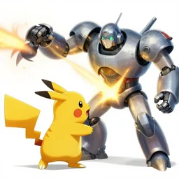 the fight begins with the neanderthal picachu charging at the steel robot with poison lasers, its massive body slamming into the robot and toppling it over. the picachu then begins to pound on the robot with its fists, denting and breaking its armor. the steel robot responds by firing its poison lasers at the picachu, but the neanderthal's