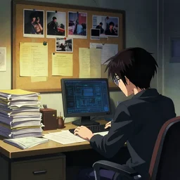a cinematic shot from the film of the ( ( ( ( cyberpunk ) ) ) ) detective's disorganised desk of files and wall with ( ( ( corkboard, crimescene photos, cases and notes ) ) ) in her bedroom, in the style of the science fiction anime film, featured on artstation and pixiv