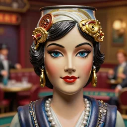 closeup face portrait of a tin toy 1 9 2 0 s gangster's moll in a gambling den, nicoletta ceccoli, mark ryden, lostfish, max fleischer, depth of field, detailed and intricate environment, 8 k resolution, hyperrealistic, octane render