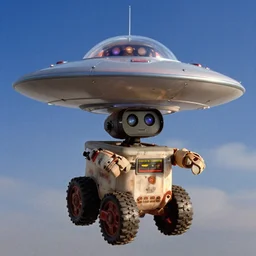 johnny 5 and et flying a ufo together, cinematic, movie still