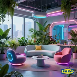IKEA catalogue photo, modern office space, retro future style furniture, cyberpunk style neon lighting, lush plant life, cityscape in the window