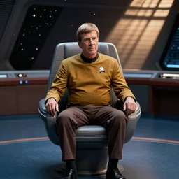 captain kirk sitting in the captains chair on the bridge of the starship enterprise