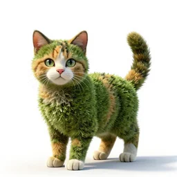 topiary shaped like a calico kitten, photorealistic wildlife photography, full body, isolated on a pure white background, centered, entire subject in frame, sharp focus, soft studio lighting