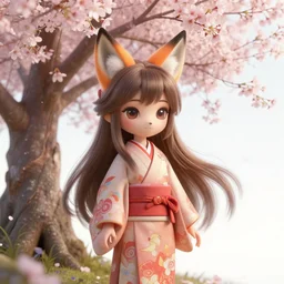 a league of legends concept art of a cute girl with fox ears wearing kimono at a sakura tree, art by cushart krentz and greg rutkowski, 8 k resolution, high quality, highly detailed, long hair, fantasy style, empty background, illustration, hyperrealism, octane render, commission art, trending on artstation, pinterest
