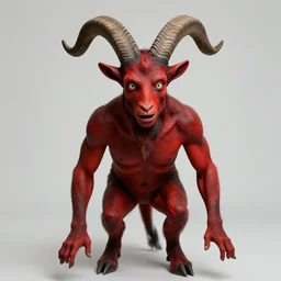 portrait of vladimir putin in the image of the devil, with detailed goat horns, red skin and a frightened face his legs are like those of a goat
