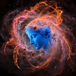Hubble Space telescope image showing details of a the crab nebula. Gaseous filaments resemble orange hair with pink highlights. In the center of the frame, emerging from the hair, is a blue face, seen in profile, of an attractive Greek celestial goddess with an aquiline nose, and a gental smile. Her head is tilted down. She is made of glowing blue nebula gas, and her blue face is emerging from a larger pink and orange nebula which is her hair. High resolution image by Hubble Space Telescope.