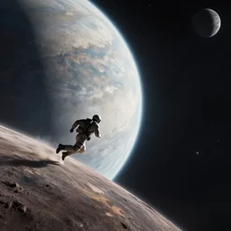 Running at the edge of space, toward a planet, calm, reaching the abyss, digital art