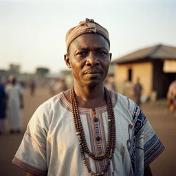 analogue photo of an igbo tribal chief, 35mm, f/1.4, Golden Hour light, national geographic, photographed by Martha Cooper,