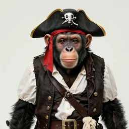 perfectly centered portrait, chimp wearing pirate costume, 8 k uhd, candid photography, accurate, highly detailed