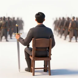 hero sitting on a chair holding a sword on his back, looking at a army in the background illustrated by yoji shinkawa, pencil art, extra detail, dynamic, colored, blood, metal swords, giant, crowded