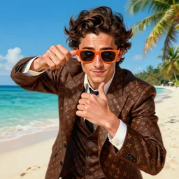 Timothee Chalamet, the most beautiful androgynous man in the world, intense painting, sunny day at beach, tropical island, +++ super supper supper dynamic pose,  digital art, +++ +++ quality j.c. leyendecker, limited edition, shiny, ++++ super veiny hands, thick eyebrows, masculine appeal high fashion, wearing orange sunglasses, crystal blue eyes, louis vuitton suit, very very very rich, smirking, too good for you, above your standards, out of your league