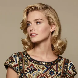 photograph of a vintage photo of an olive skinned blonde female model in her twenties, wearing a designer top, looking content, focused on her neck, photo realistic, extreme detail skin, natural beauty, no filter, slr, golden hour, 4 k, high definition, selfie