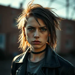 beautiful portrait of a androgynous person wearing punk outfit. annoyed look. in the morning, natural light, sigma 8 5 mm, nikon 5 0 mm f / 1. 8 g, by lee jeffries