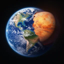 Earth colliding with Mars, artists representation, cgi, dramatic