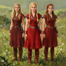anya taylor - joy emma watson,, symmetrical front view, long blond braided hair, full body shot, nuragic warrior red clothes, meadow background, highly detailed, digital painting, artstation, concept art, sharp focus, illustration, art by aleksi briclot, raphael lacoste, magali villeneuve