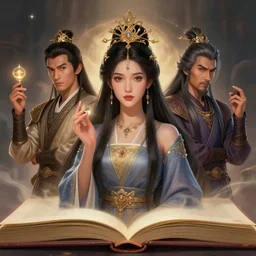 realistic portrait of a female and three male characters summoned from inside a book like genies, aesthetic!!, trending on artstation, detailed digital art