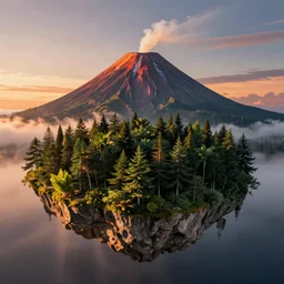 an island with forests and a volacano, sunset, john avon, artstation