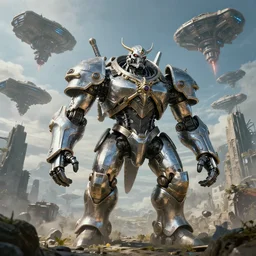 highly detailed elden ring portrait photo of a huge chrome plated robotic golurk mumakil in scenic dystopian environment. a fleet of even bigger massive spacecrafts lifting off in the background, hyperrealistic illustration by william didier - pouget
