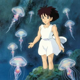 a wholesome animation key shot of nausicaa at a underground lake full of bioluminescent jellyfish, studio ghibli, pixar and disney animation, sharp, disney concept art watercolor illustration by mandy jurgens and alphonse mucha and alena aenami, pastel color palette, bloom, dramatic lighting