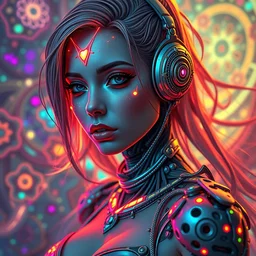 psychedelic sexy female cyborg, hyper detailed, flowing psychedelic background intricate and detailed, ornate 8 k gorgeous intricate detailed, neon, high dynamic range, hdr, octane render