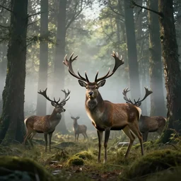 forrest with beautiful deer, superwide angle, light through the mist, dramatic lighting, photorealistic, cinematic lighting, high detail, cinematic feel, high octane, 4 k, unreal engine, digital render, intricate, ultra realistic, concept art
