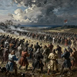 a battlefield after a bloody fight of thousands in the middle ages, cold lighting, by Rembrandt