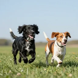 Two spaniel dogs, one is black spaniel dog with white hair chest and one brown spaniel dog white hair chest running in a meadow low angle realism epic background 4k