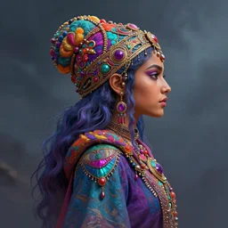 side - profile painted portrait, maya ali as a storm sorcerer, fantastically gaudy colors, octane render, dnd, matte painting concept art, official fanart behance hd artstation by jesper ejsing, by rhads and makoto shinkai and lois van baarle and ilya kuvshinov and rossdraws