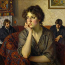 portrait in femininity, thoughtful face, warm glow, cozy room bathed in light, captured memory, recollection, impressionism, woven textiles, stucco wall, radiosity, pj crook, terrazzo, alphonse mucha, livia prima, artgerm, greg rutkowski, nick alm, tom bagshaw, deep color, oil on canvas