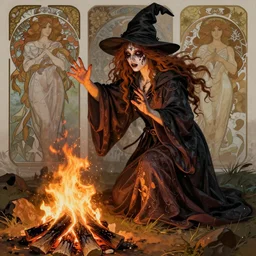zombie wizard girl casting a spell over a bonfire, inspired by plastination, beautiful face, wearing robes inspired by alphonse mucha. character art inspired by brom art