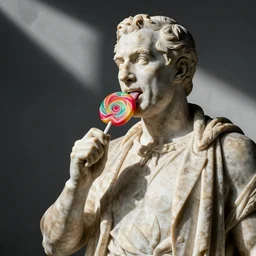 Greek marble statue of George W. Bush licking a lollipop