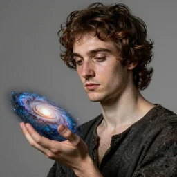 a very detailed portrait of piero angela, holding a galaxy on his hand