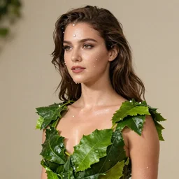 anya taylor - joy wearing a risque outfit made from leaves, half body portrait, greg kutkowski, sharp details, soft lighting, subsurface scattering, pearls of sweat, glistening skin, warm lighting