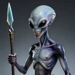 an alien. angled jaw, snarling, omniverous layered teeth, smooth bioluminescent skin, hunter gatherer holding a opal tipped spear, mid length portrait photograph, highly detailed, high contrast lighting