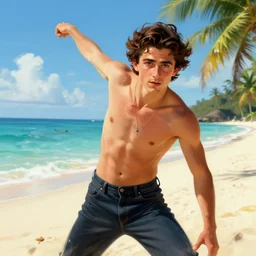 Timothee Chalamet, the most beautiful androgynous man in the world, intense painting, sunny day at beach, tropical island, +++ super supper supper dynamic pose,  digital art, j.c. leyendecker
