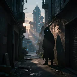 futuristic urban island city at dusk. a shadowy figure with two bright, shining eyes peers out from the shadows of an alley. cgartist. leading lines. volumetric lighting. god rays.