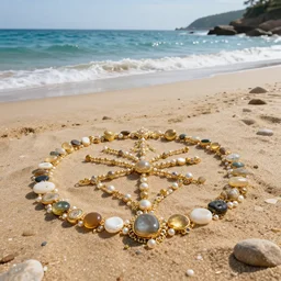 a beach made of jewels, gold and precious stones, overlooking the sea