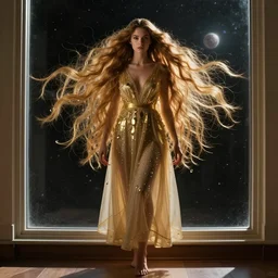 beautiful girl with long flowing hair wearing a dress and standing in front of a window with a view of outer space, elegant pose, golden ratio composition, full body shot, detailed moisture, detailed droplets, detailed intricate hair strands, DSLR, ray tracing reflections, symmetrical body, in the style of Sally Mann and Irakli Nadar, cgsociety, focused, unreal engine 5, vfx, post processing, post production.