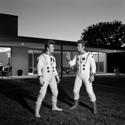photorealistic wide shot black and white twilight zone style cinematography of a 1 9 8 1 version of healthy david bowie in a cheesy 5 0's space suit acting as a man from outter space in a twilight zone episode that takes place in the john lautner designed mid century modern sheats goldstein house, shot on film by the shining cinematographer john alcott on a cooke panchro 1 8 mm lens.