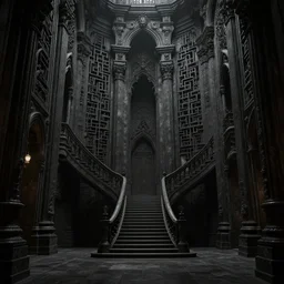 labyrinthine halls, towering staircase, monolithic, baroque, gothic, grim dark, film noir, stippled light, dramatic lighting, very detailed, fine texture, matte painting, concept art, artstation