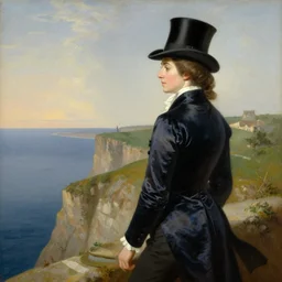 a woman wearing top hat and silk tailcoat, looking at the horizon from the top of a cliff, painting