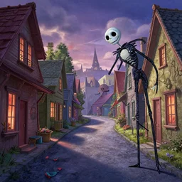 curved perspective digital art of a summer small town street from nightmare before christmas by anton fadeev