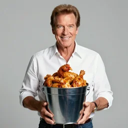 portrait photo still of kenny rogers holding a bucket of chicken wearing a birthday hat, in a dark and grimey club, 8 k, 8 5 mm f 1. 8