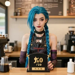 jinx from arcane as a barista, in a coffee shop, dark blue hair, modern fashion, half body shot, photo by greg rutkowski, female beauty, f / 2 0, symmetrical face, warm colors, natural indoor lighting, depth of field, photo award winning
