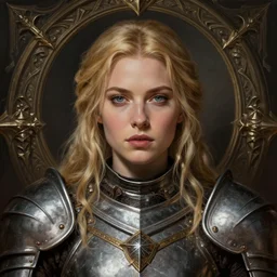 head-on centered symmetrical painted portrait, Elisha Cuthbert as a paladin, blonde hair, iron medieval armour, dramatic lighting, intricate, fantasy, intricate, elegant, highly detailed, digital painting, smooth, sharp focus, illustration, dramatic lighting, artstation, in the style of Artgerm and Anna Podedworna