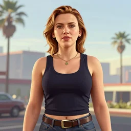 Scarlet Johansson in GTA V, cover art by Stephen Bliss, artstation, no text