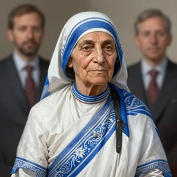 Mother Theresa as a heroine in blue&white leather, intricate, elegant, highly detailed, centered, digital painting, artstation, concept art, smooth, sharp focus, illustration, art by artgerm and donato giancola and Joseph Christian Leyendecker, Ross Tran, WLOP