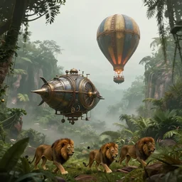 armored hot air flying machines steampunk, in a jungle valley, foggy, lions walking, octane render, volumetric, unreal engine, depth of field