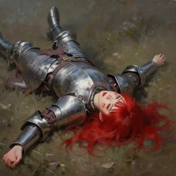 landscape, portrait painting beautiful realism, a japanese girl red hair in knight armor who was sprawled out was about to rise, his face covered in blood. cinematic scene, good lighting, fine art, trending on artstation, smooth draw, sharp focus.