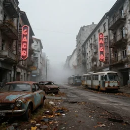 low wide angle shot of dilapidated fallout 5 europa, european cityscapes, desolate, dilapidated neon signs, few rusted retro futuristic vintage parked vehicles like cars, buses, trucks, trams, volumetric lighting, photorealistic, fog, daytime, autumn, overcast weather, sharp focus, ultra detailed, 4 0 0 0 k